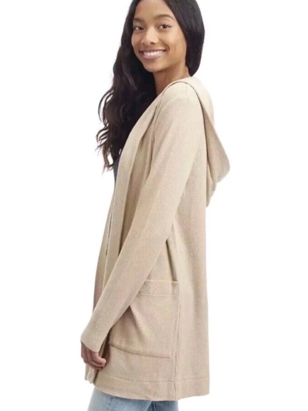 Splendid Women’s Tan Thermal Hooded Open Cardigan, Size Small - Picture 2 of 9
